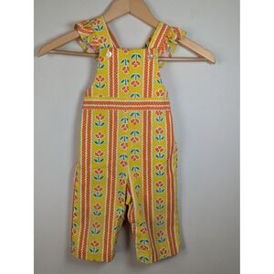 Vintage Health-tex 18M Floral Stripe Ruffle Overalls Yellow Orange USA Made 70s